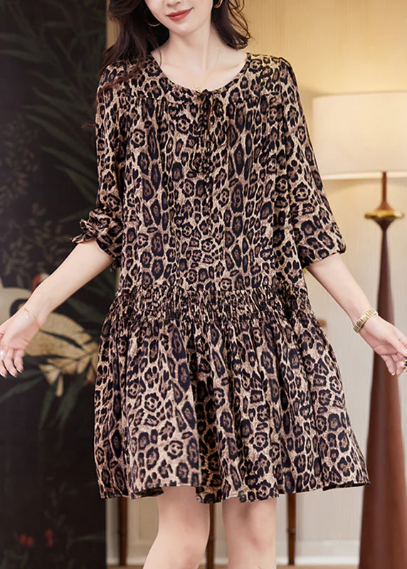 Elegant Coffee Leopard Print Elastic Waist Mid Dresses Fall - Image 2
