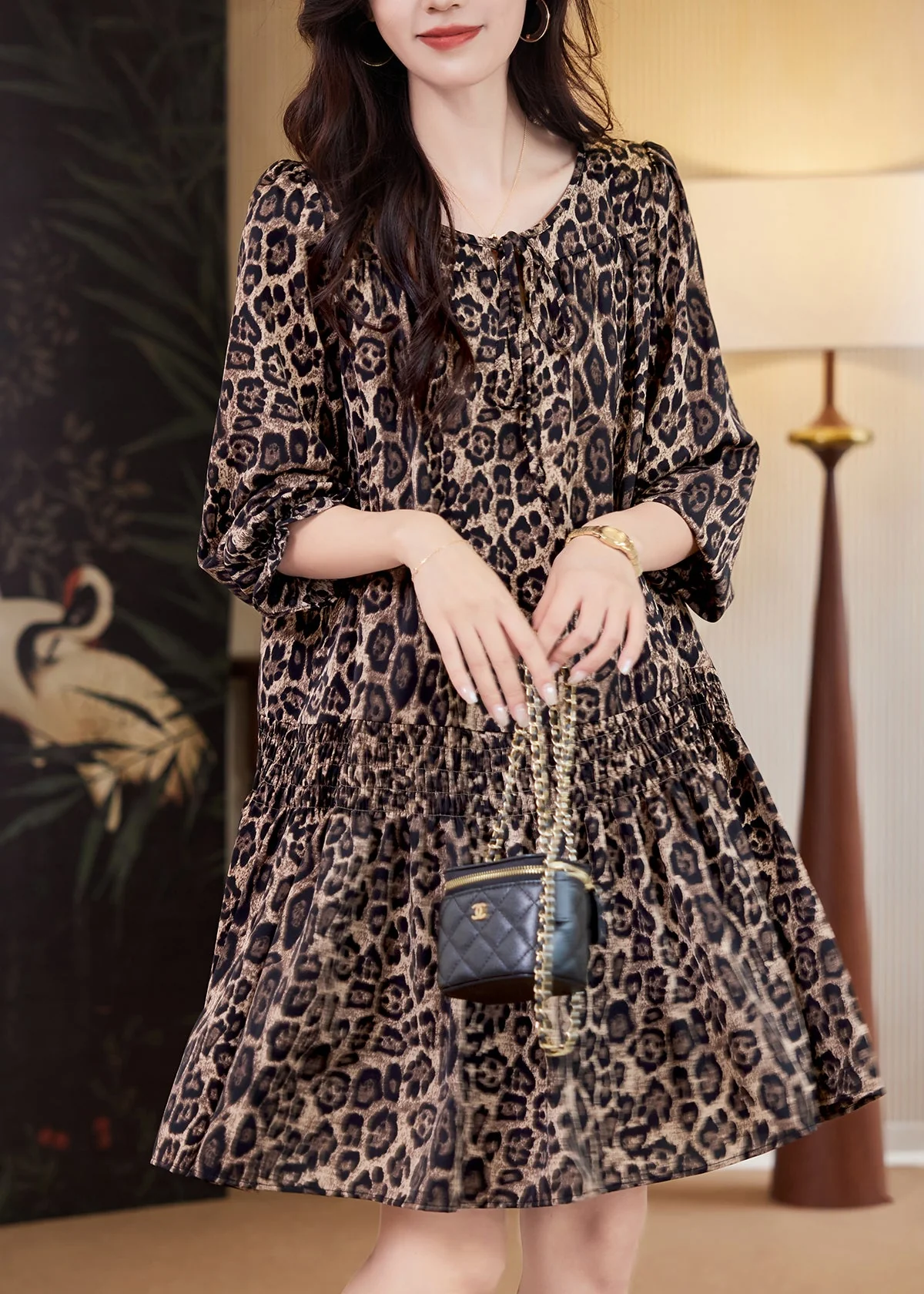 Elegant Coffee Leopard Print Elastic Waist Mid Dresses Fall - Image 3