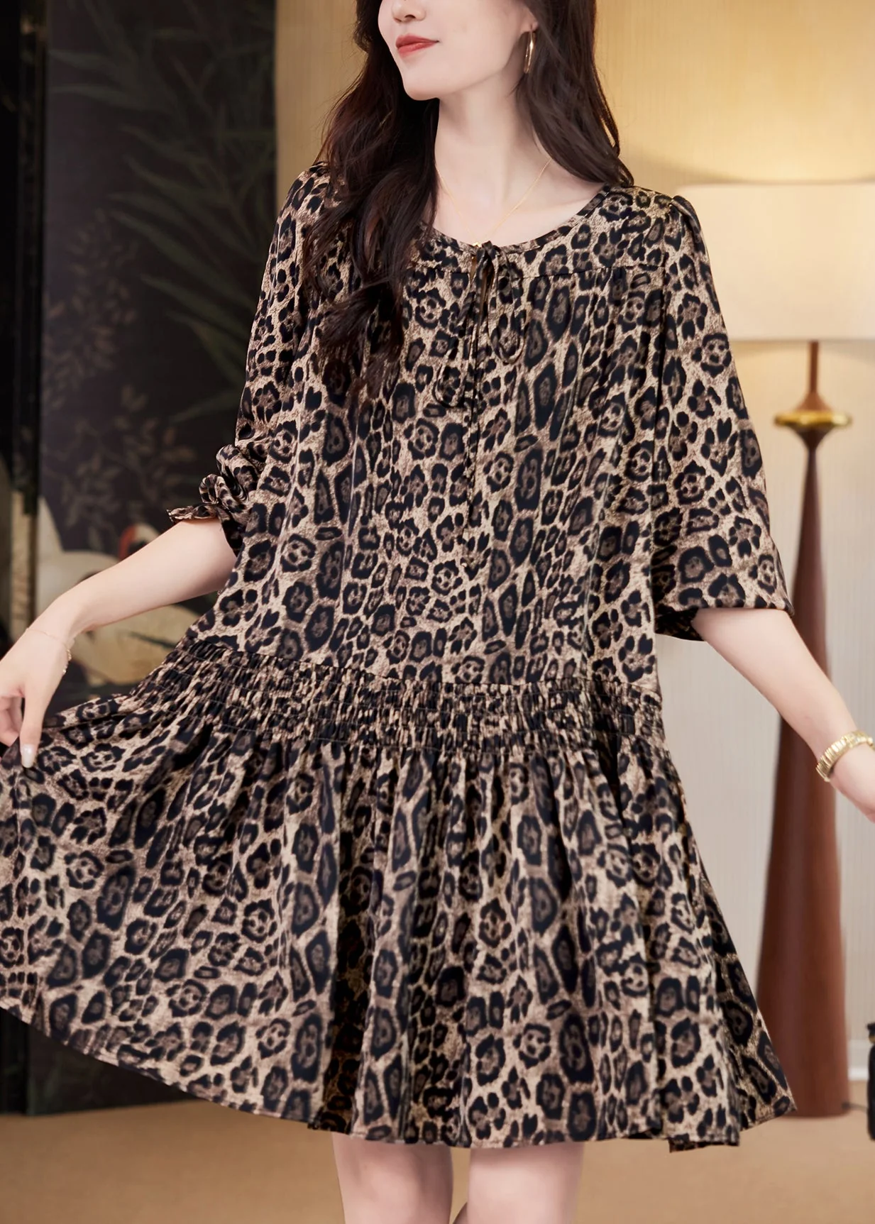 Elegant Coffee Leopard Print Elastic Waist Mid Dresses Fall - Image 4