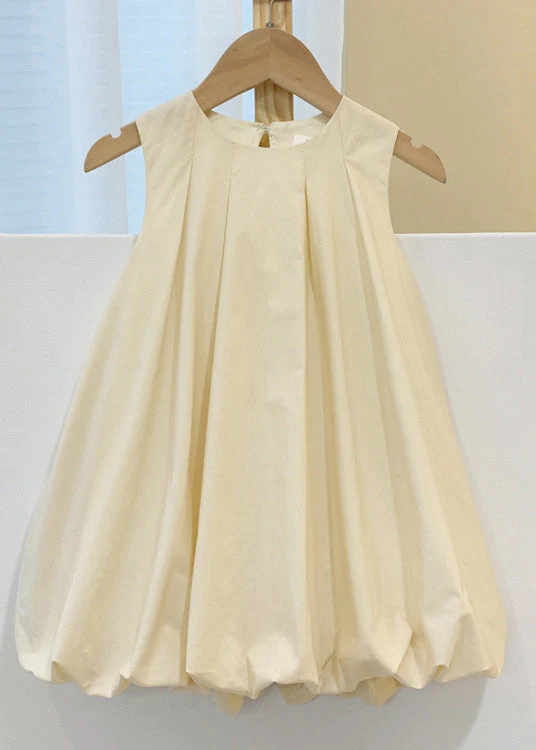 Elegant Coffee O-Neck Patchwork Wrinkled Solid Cotton Kids Maxi Dresses Sleeveless - Image 2