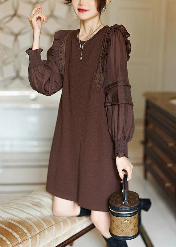 Elegant Coffee O-Neck Ruffled Patchwork Cotton Dresses Spring - Image 2