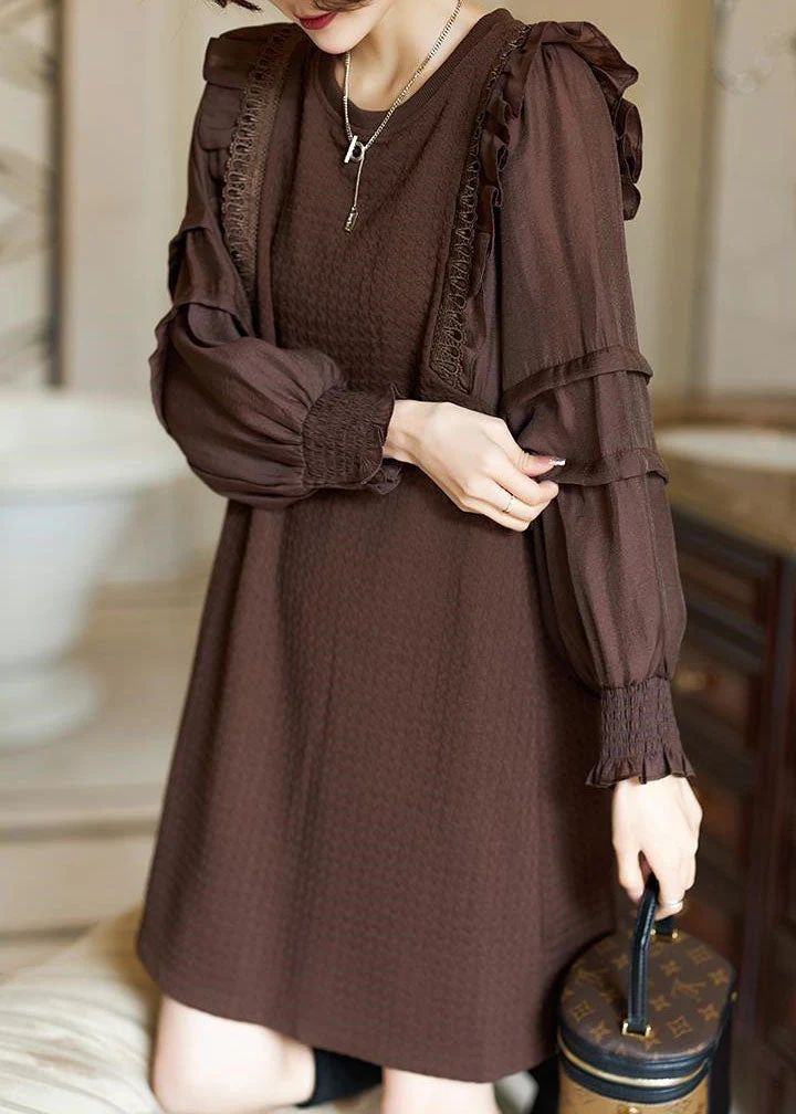 Elegant Coffee O-Neck Ruffled Patchwork Cotton Dresses Spring - Image 3