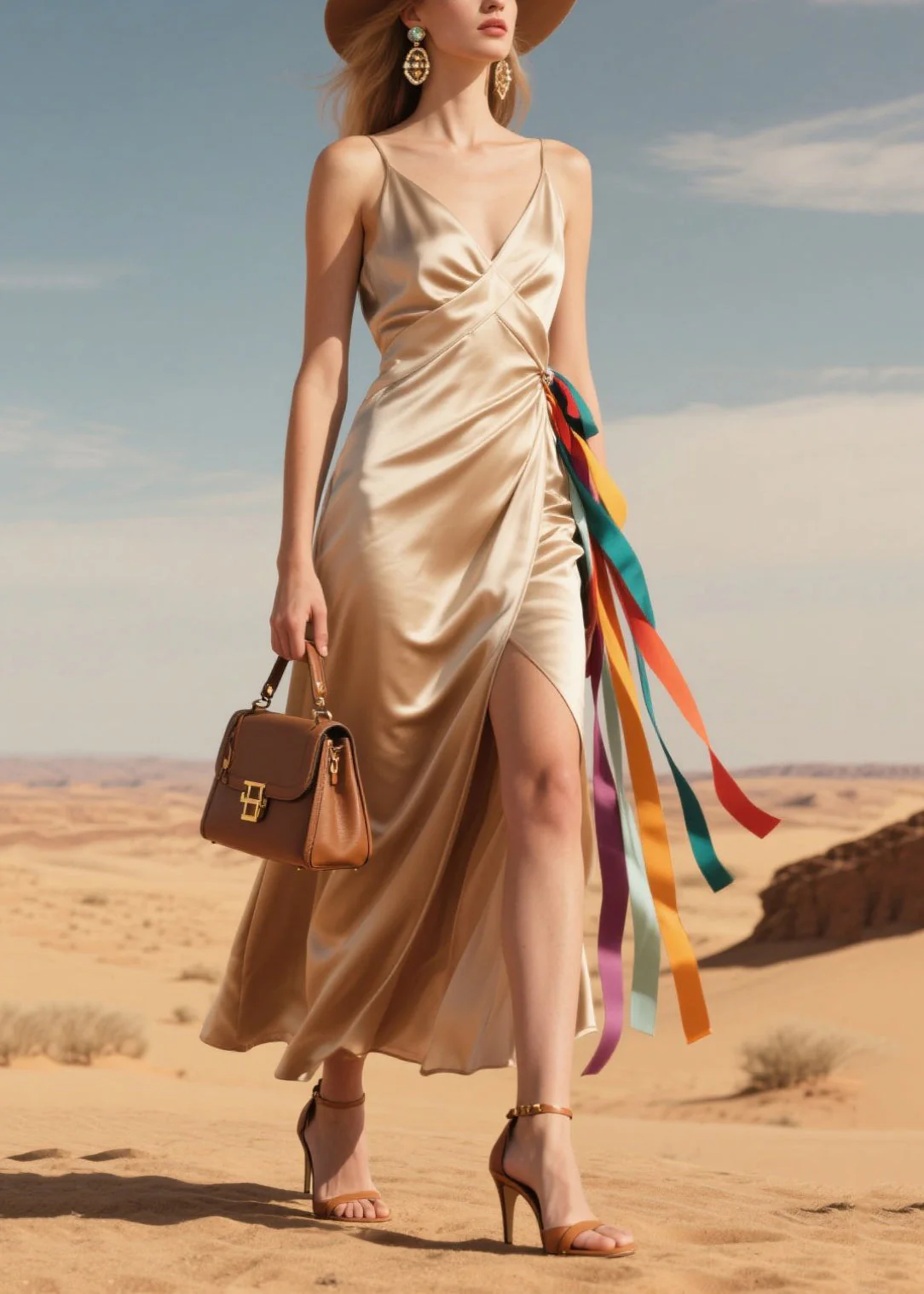 Elegant Coffee Side Open Multicolour Ribbon Silk Sundress Summer - Image 5