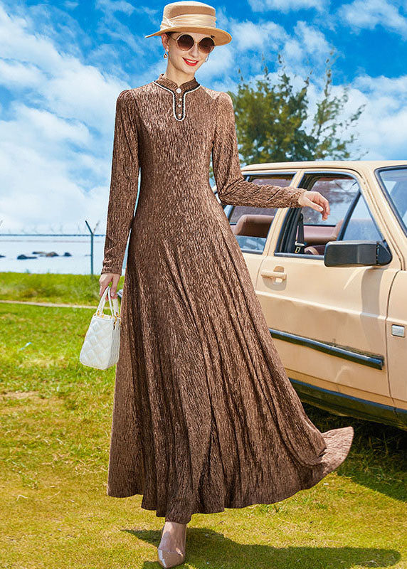 Elegant Chocolate Stand Collar Exra Large Hem A Line Dress Spring - Image 2