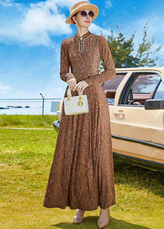 Elegant Chocolate Stand Collar Exra Large Hem A Line Dress Spring - Image 3