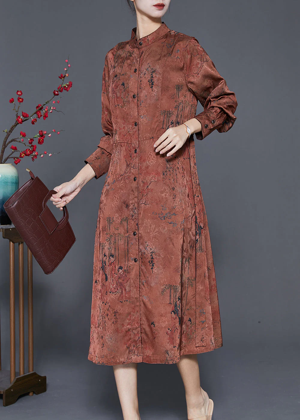 Elegant Coffee Stand Collar Print Tie Waist Silk Holiday Dress Spring - Image 2