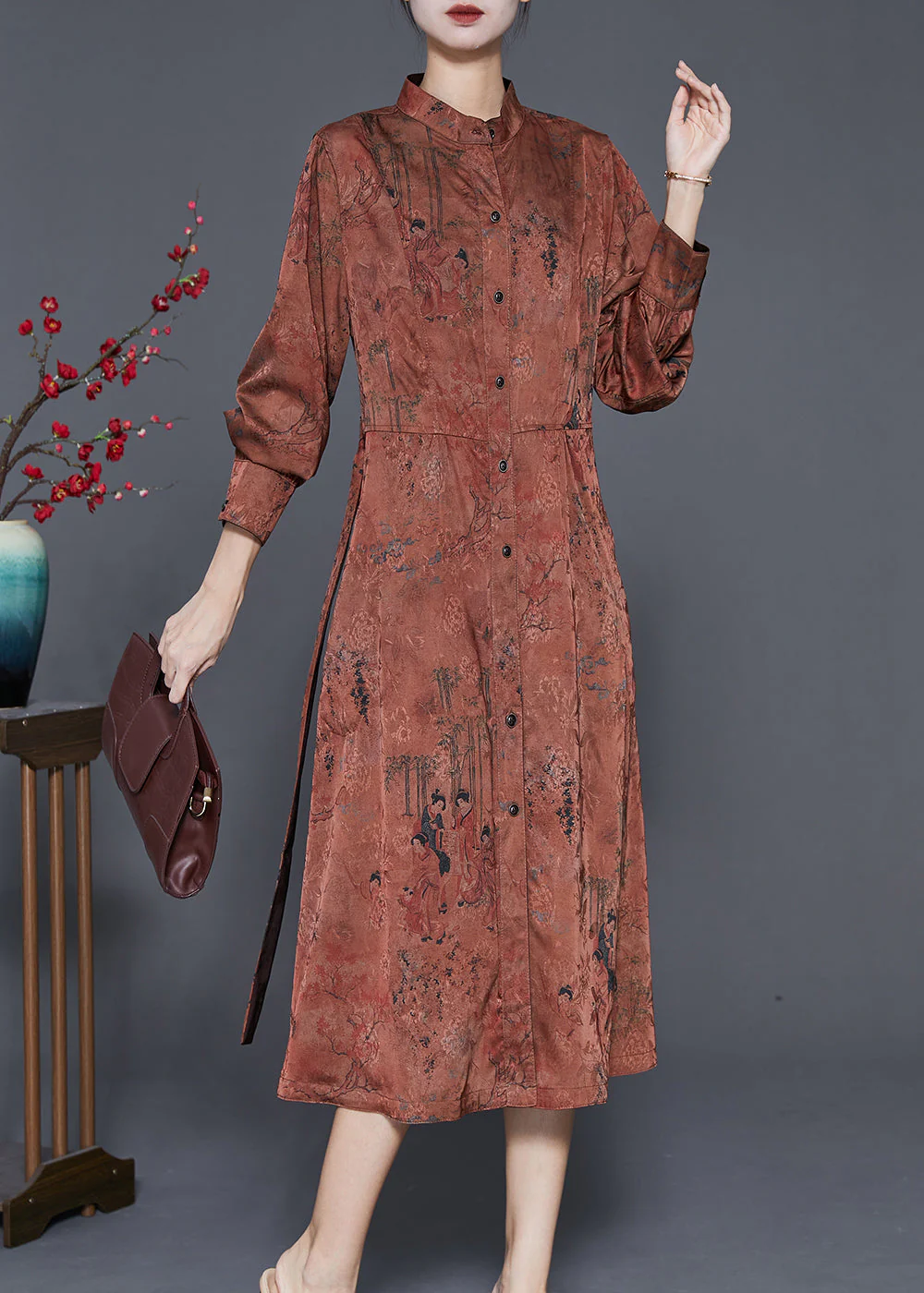 Elegant Coffee Stand Collar Print Tie Waist Silk Holiday Dress Spring - Image 3