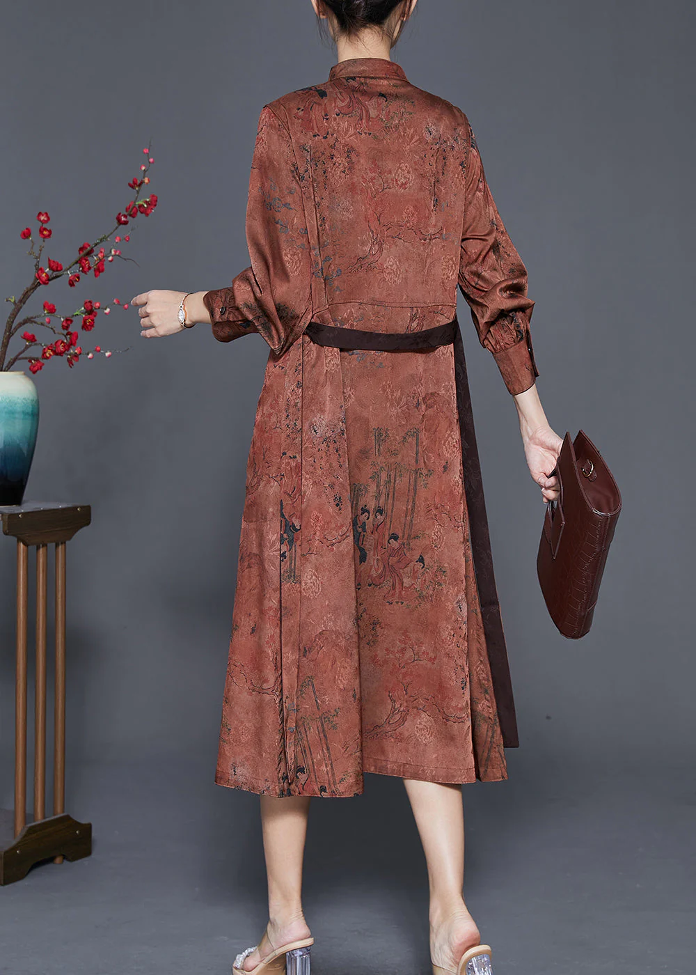Elegant Coffee Stand Collar Print Tie Waist Silk Holiday Dress Spring - Image 4