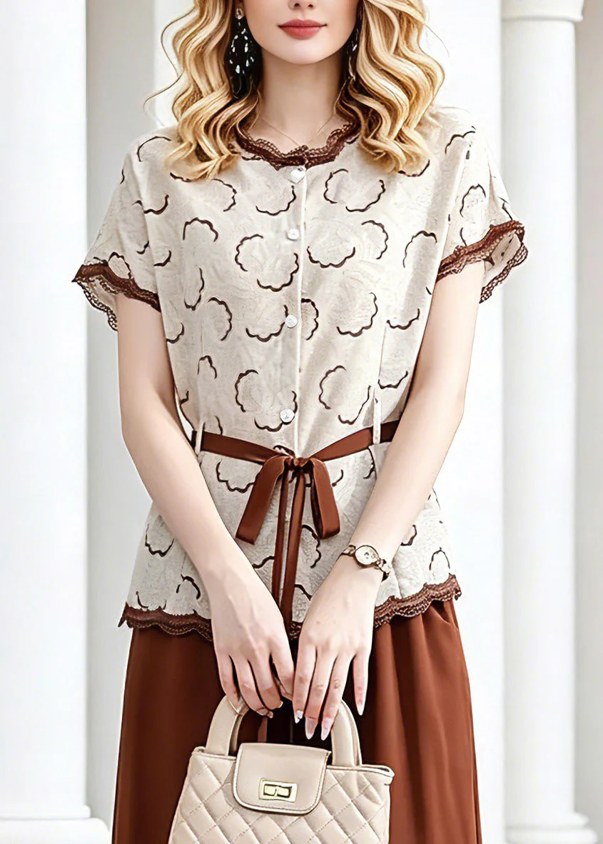 Elegant Coffee Tie Waist Chiffon Tops And Crop Pants Two Piece Set Short Sleeve - Image 2