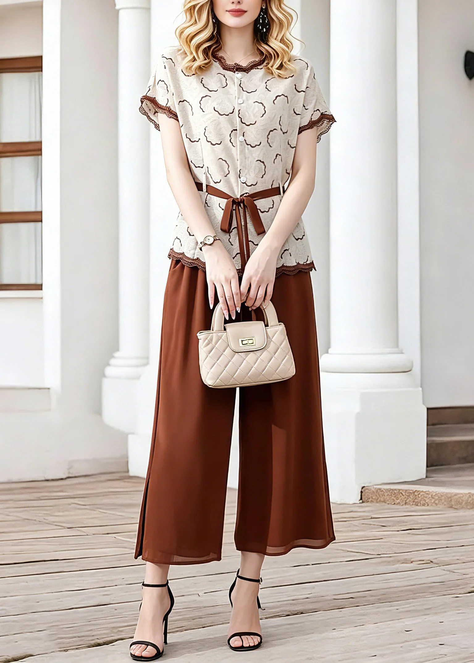 Elegant Coffee Tie Waist Chiffon Tops And Crop Pants Two Piece Set Short Sleeve - Image 3