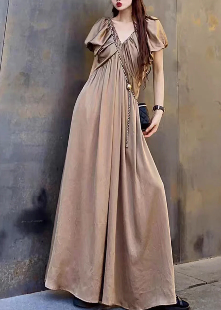 Elegant Coffee V Neck Wrinkled Patchwork Cotton Long Dresses Summer - Image 4