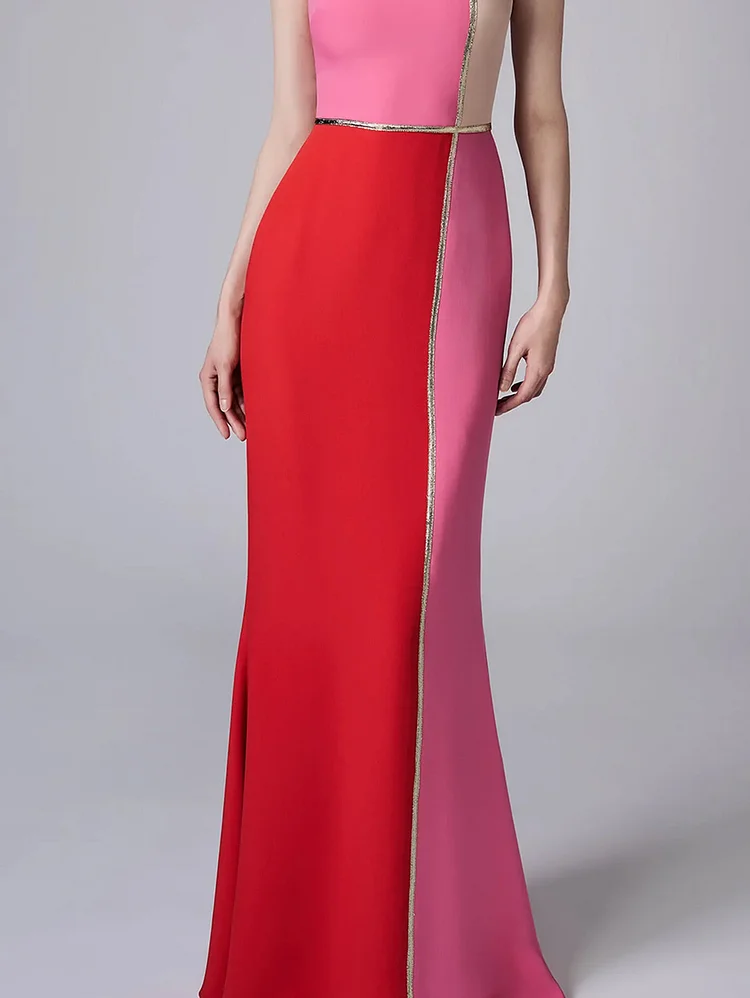 Elegant Color Block Sleeveless Bodycon Mermaid Hem Maxi Dress - Image 2