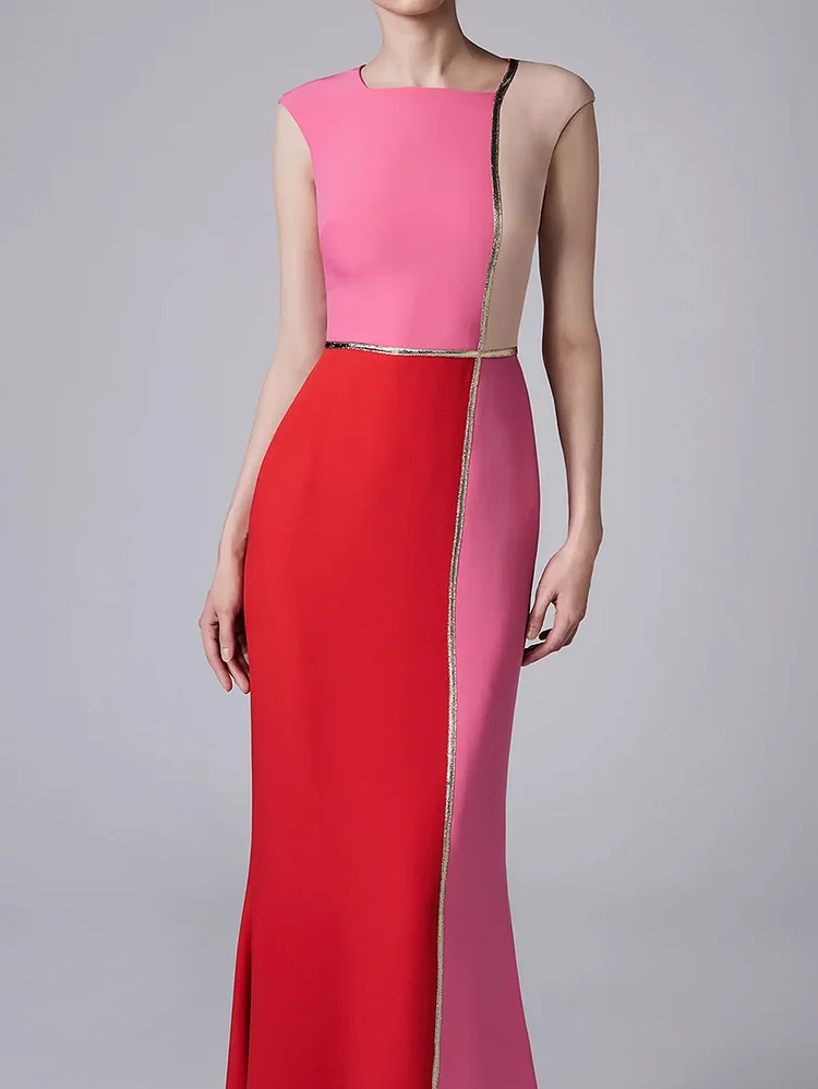 Elegant Color Block Sleeveless Bodycon Mermaid Hem Maxi Dress - Image 3