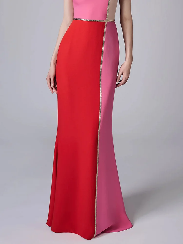Elegant Color Block Sleeveless Bodycon Mermaid Hem Maxi Dress - Image 4