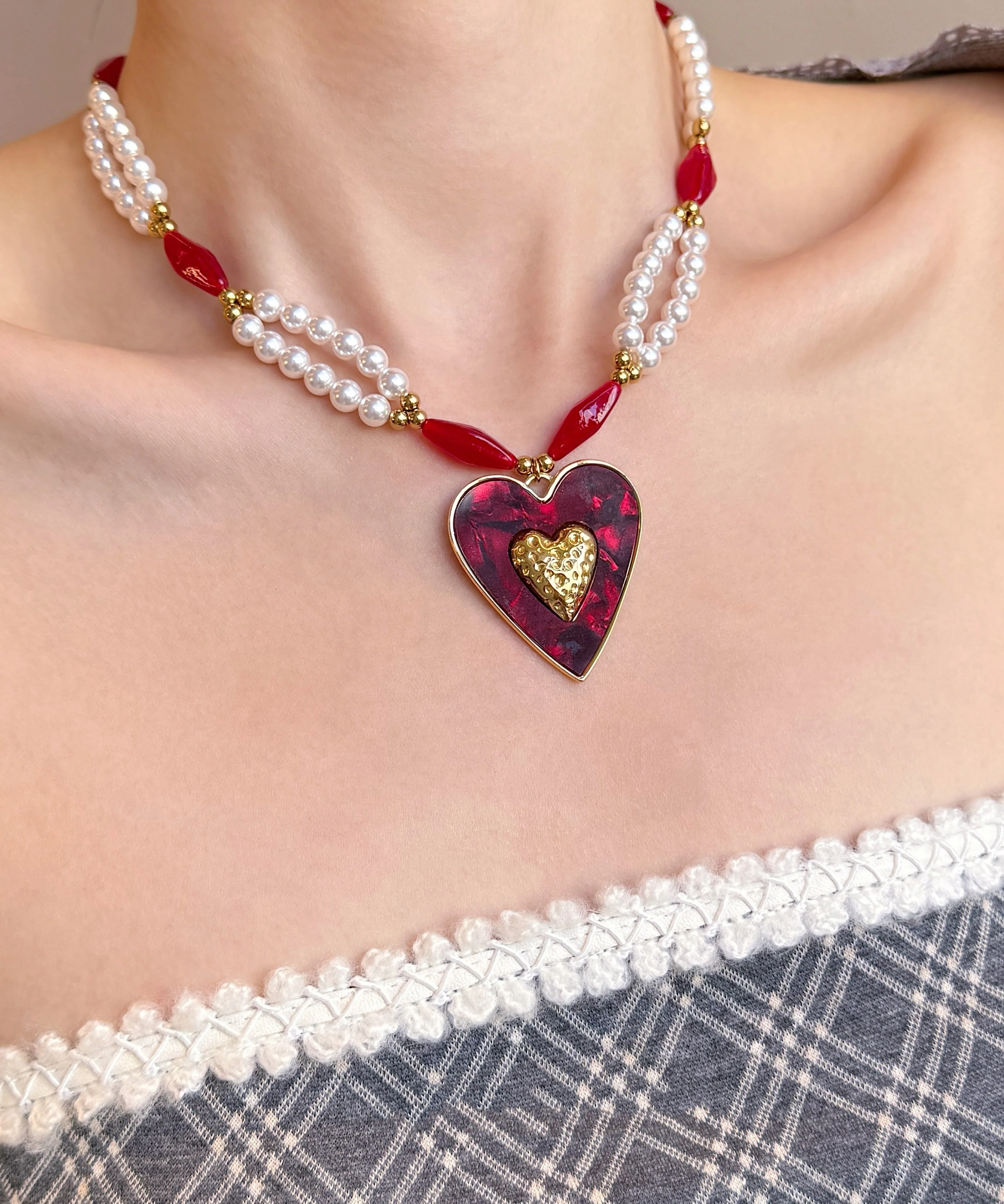 Elegant Colorblock Alloy Pearl Love Glass Bead Pendant Necklace - Image 4