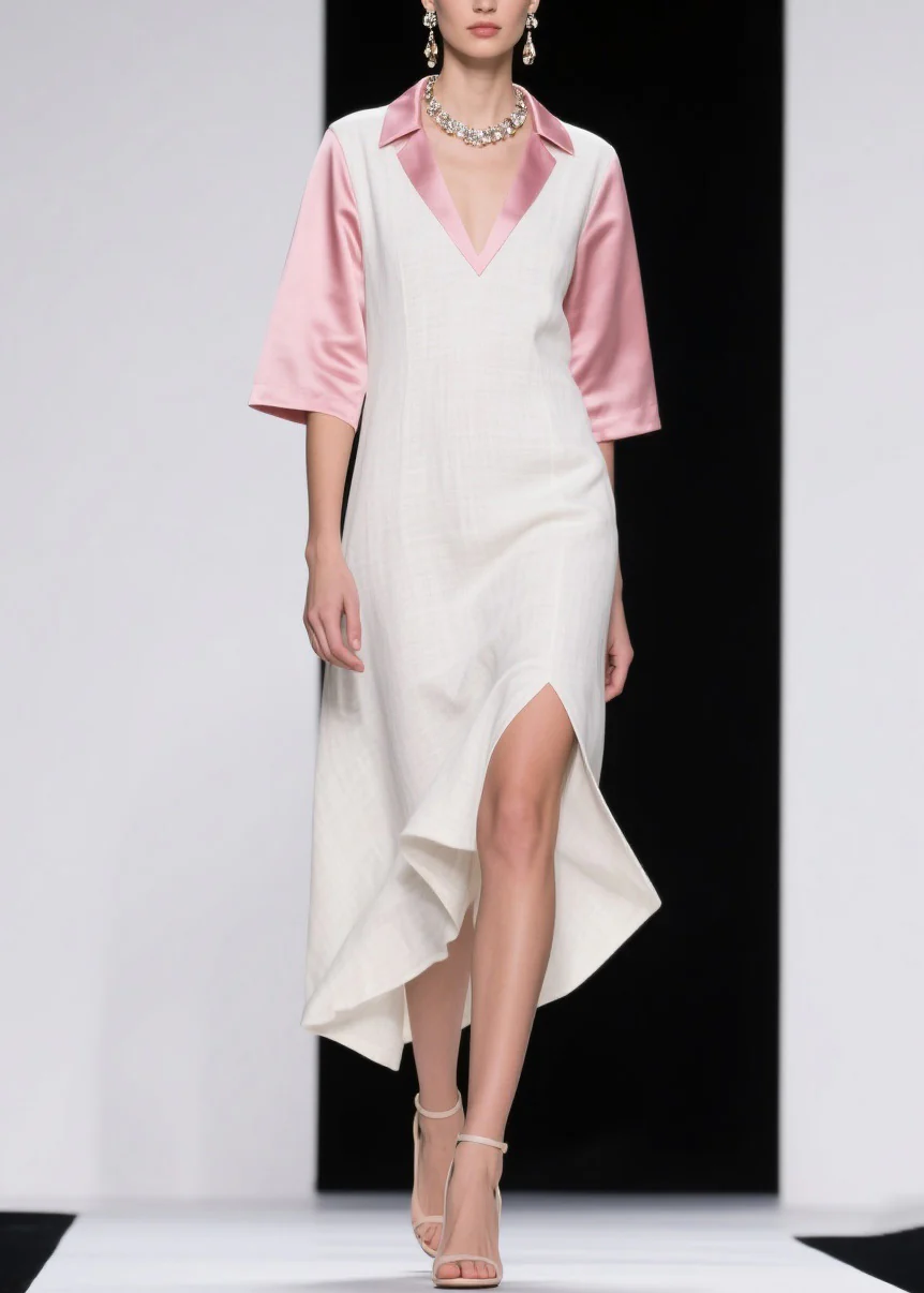 Elegant Colorblock Asymmetrical Patchwork Linen Silk Dresses Summer