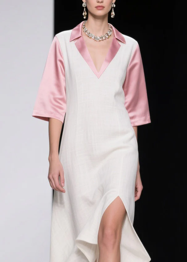 Elegant Colorblock Asymmetrical Patchwork Linen Silk Dresses Summer - Image 2