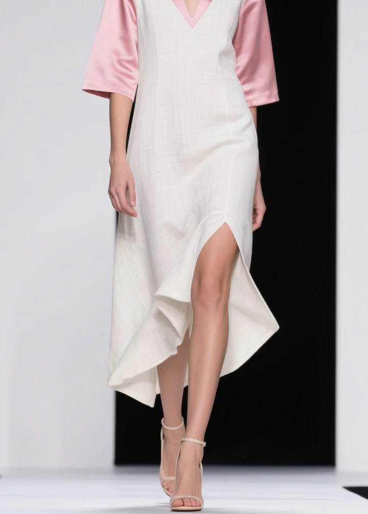 Elegant Colorblock Asymmetrical Patchwork Linen Silk Dresses Summer - Image 4