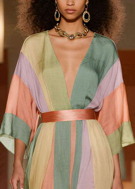 Elegant Colorblock Cinched Striped Silk Cotton Dress Summer - Image 2
