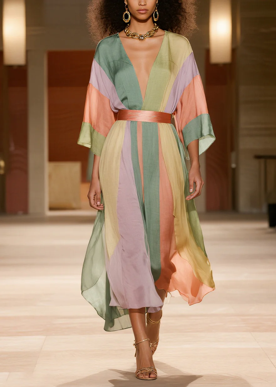 Elegant Colorblock Cinched Striped Silk Cotton Dress Summer - Image 3