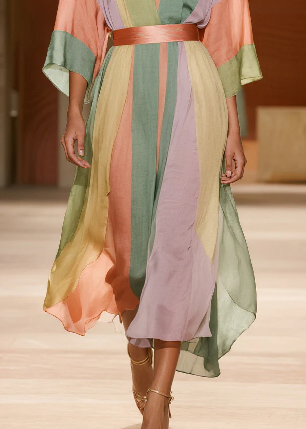Elegant Colorblock Cinched Striped Silk Cotton Dress Summer - Image 4