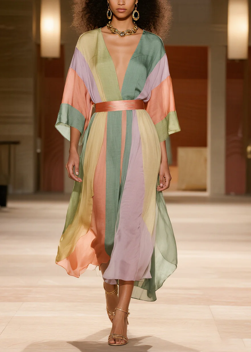 Elegant Colorblock Cinched Striped Silk Cotton Dress Summer - Image 5