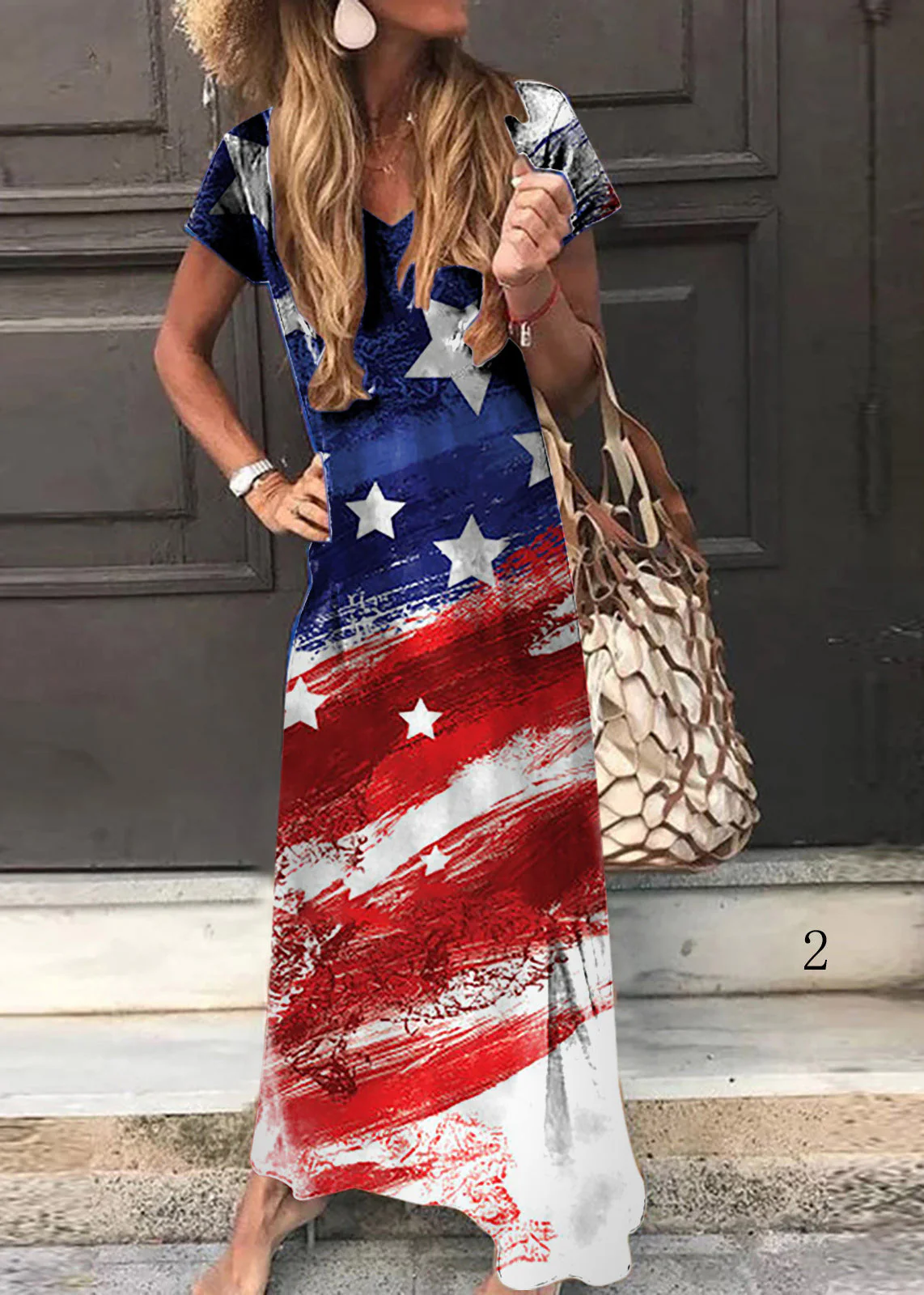 Elegant Colorblock O-Neck National Flag Print Cotton Beach Dresses Short Sleeve - Image 2