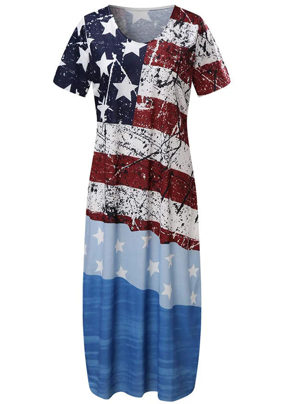 Elegant Colorblock O-Neck National Flag Print Cotton Beach Dresses Short Sleeve - Image 4
