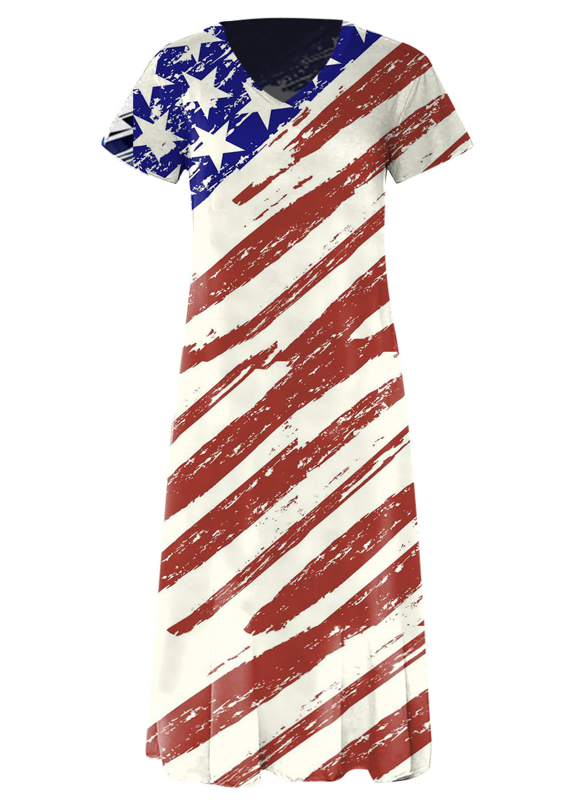 Elegant Colorblock O-Neck National Flag Print Cotton Beach Dresses Short Sleeve - Image 5
