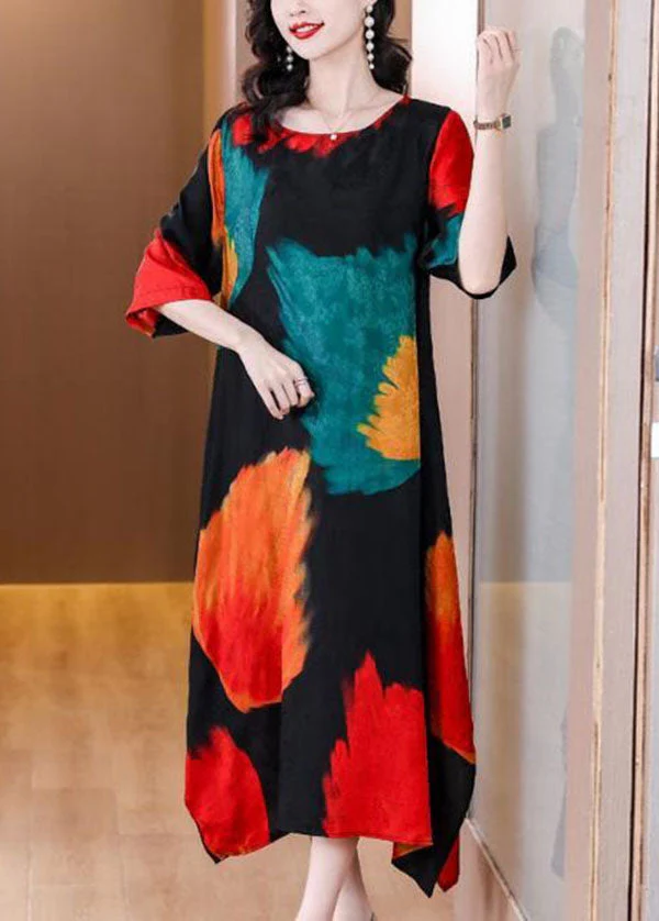Elegant Colorblock O Neck Print Patchwork Silk Dress Summer - Image 2
