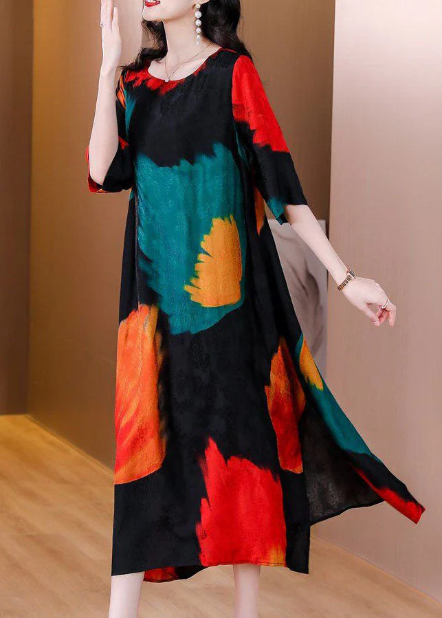 Elegant Colorblock O Neck Print Patchwork Silk Dress Summer - Image 3