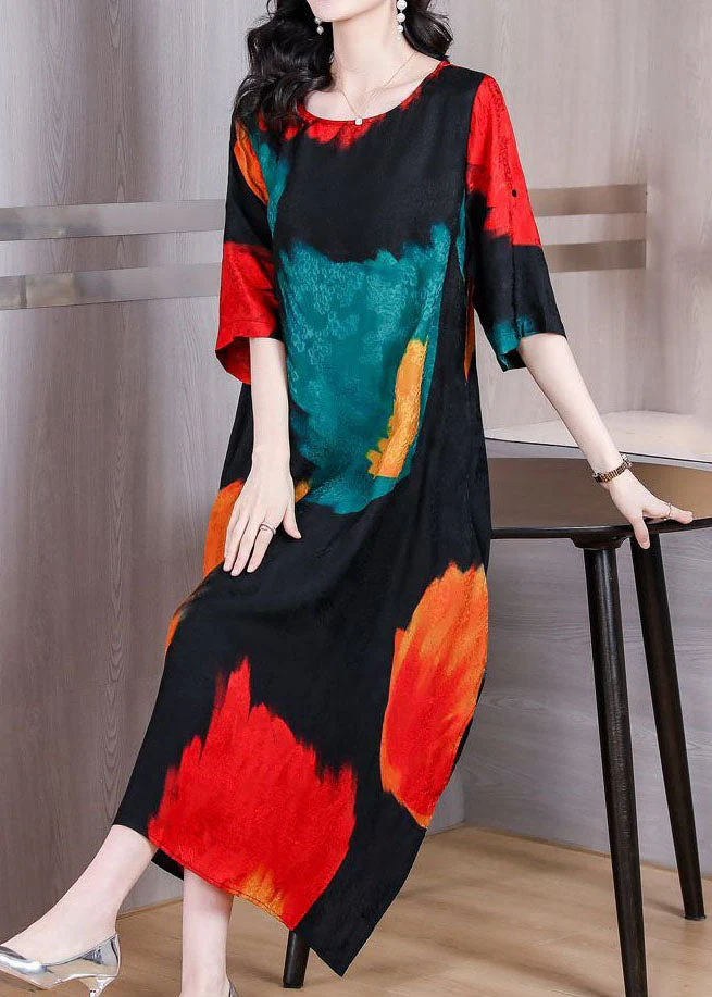 Elegant Colorblock O Neck Print Patchwork Silk Dress Summer - Image 4