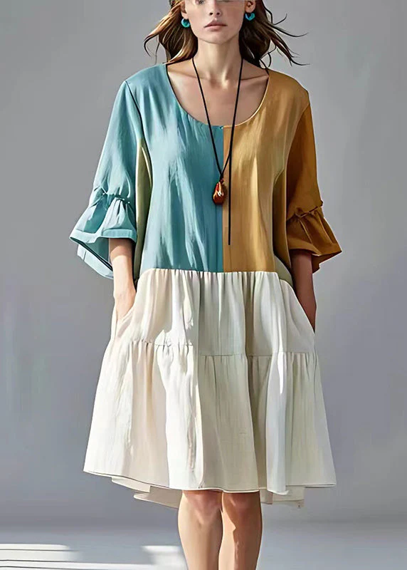 Elegant Colorblock Oversized Patchwork Cotton Pleated Dresses Summer - Image 2