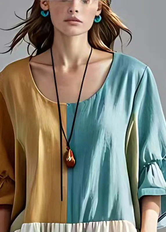 Elegant Colorblock Oversized Patchwork Cotton Pleated Dresses Summer - Image 3