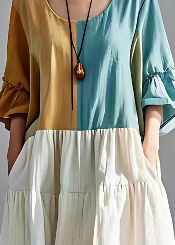 Elegant Colorblock Oversized Patchwork Cotton Pleated Dresses Summer - Image 4