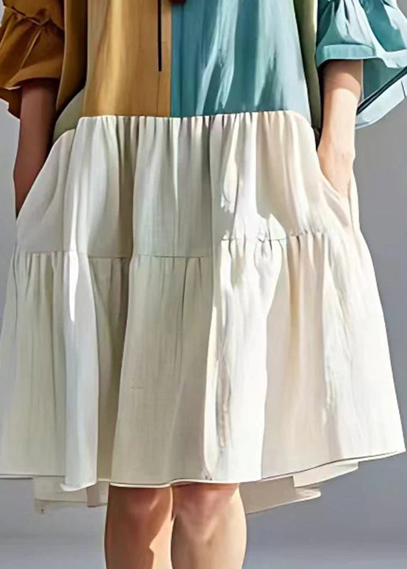 Elegant Colorblock Oversized Patchwork Cotton Pleated Dresses Summer - Image 5