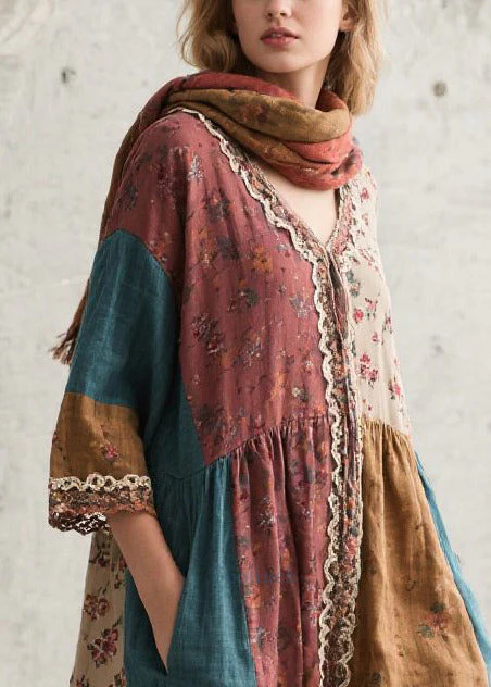 Elegant Colorblock Oversized Patchwork Print Cotton Dresses Summer - Image 2