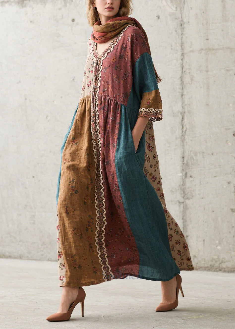 Elegant Colorblock Oversized Patchwork Print Cotton Dresses Summer - Image 3