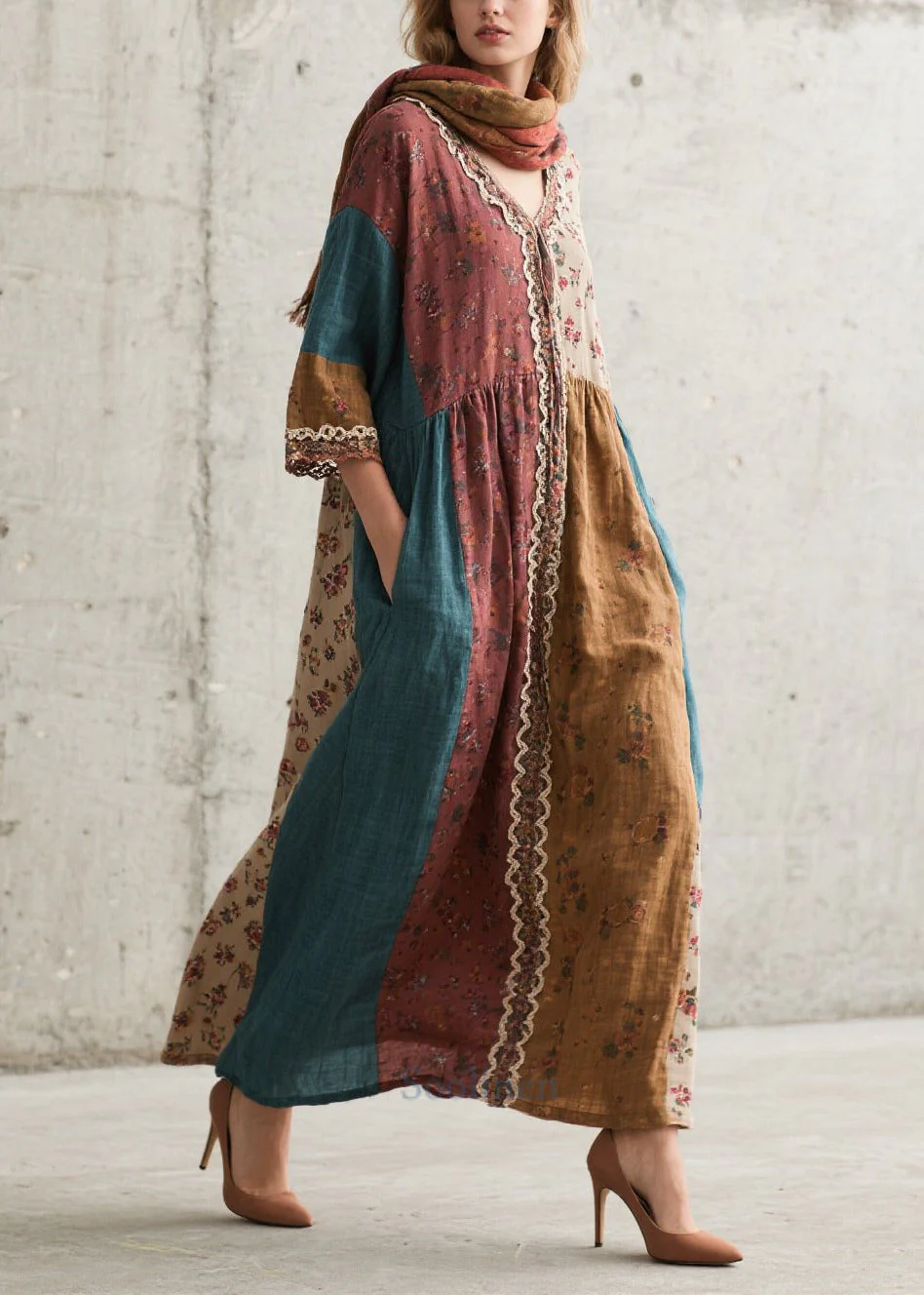 Elegant Colorblock Oversized Patchwork Print Cotton Dresses Summer - Image 5
