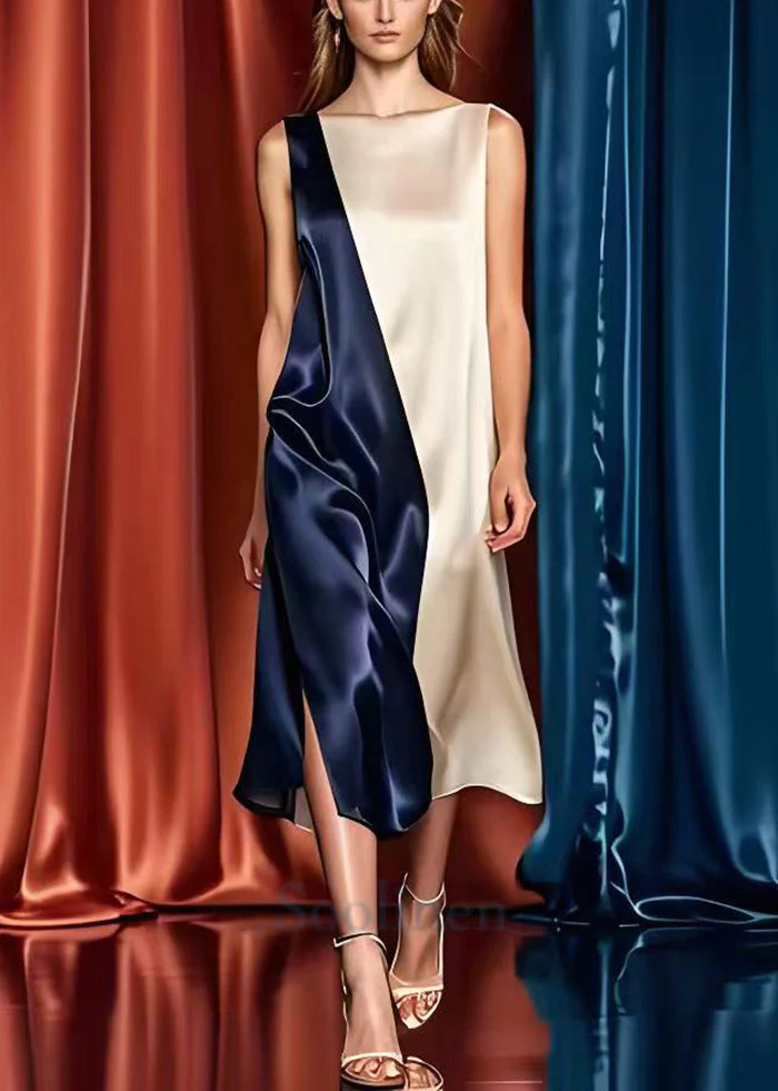 Elegant Colorblock Oversized Patchwork Side Open Silk Long Dresses Summer - Image 2
