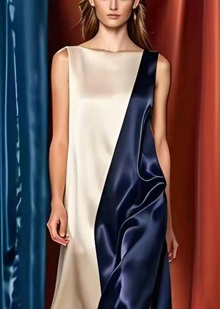 Elegant Colorblock Oversized Patchwork Side Open Silk Long Dresses Summer - Image 3