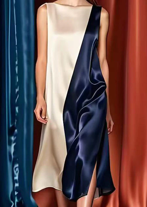 Elegant Colorblock Oversized Patchwork Side Open Silk Long Dresses Summer - Image 4