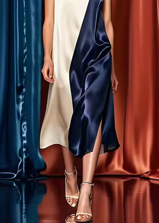Elegant Colorblock Oversized Patchwork Side Open Silk Long Dresses Summer - Image 5