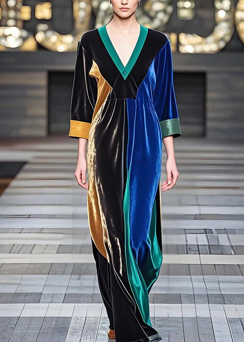 Elegant Colorblock V Neck Loose Velvet Long Dresses Fall - Image 2