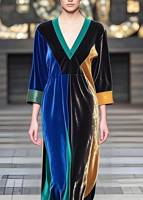Elegant Colorblock V Neck Loose Velvet Long Dresses Fall - Image 3
