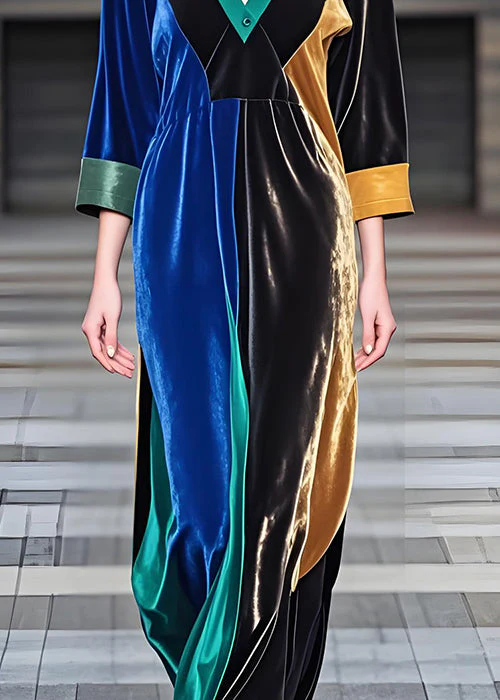Elegant Colorblock V Neck Loose Velvet Long Dresses Fall - Image 4