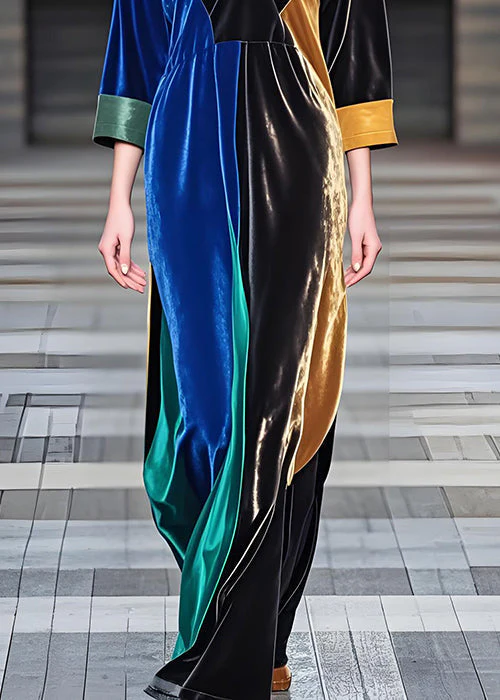 Elegant Colorblock V Neck Loose Velvet Long Dresses Fall - Image 5