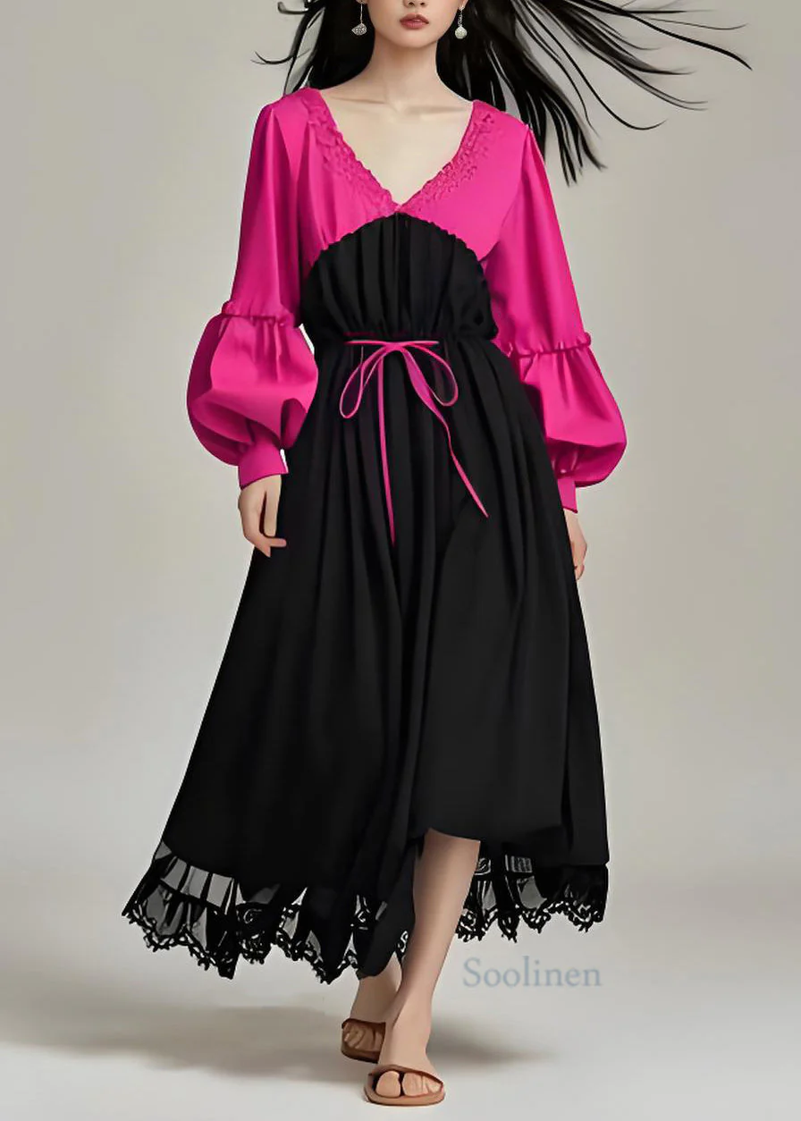 Elegant Colorblock V Neck Patchwork Cotton Dress Lantern Sleeve - Image 2