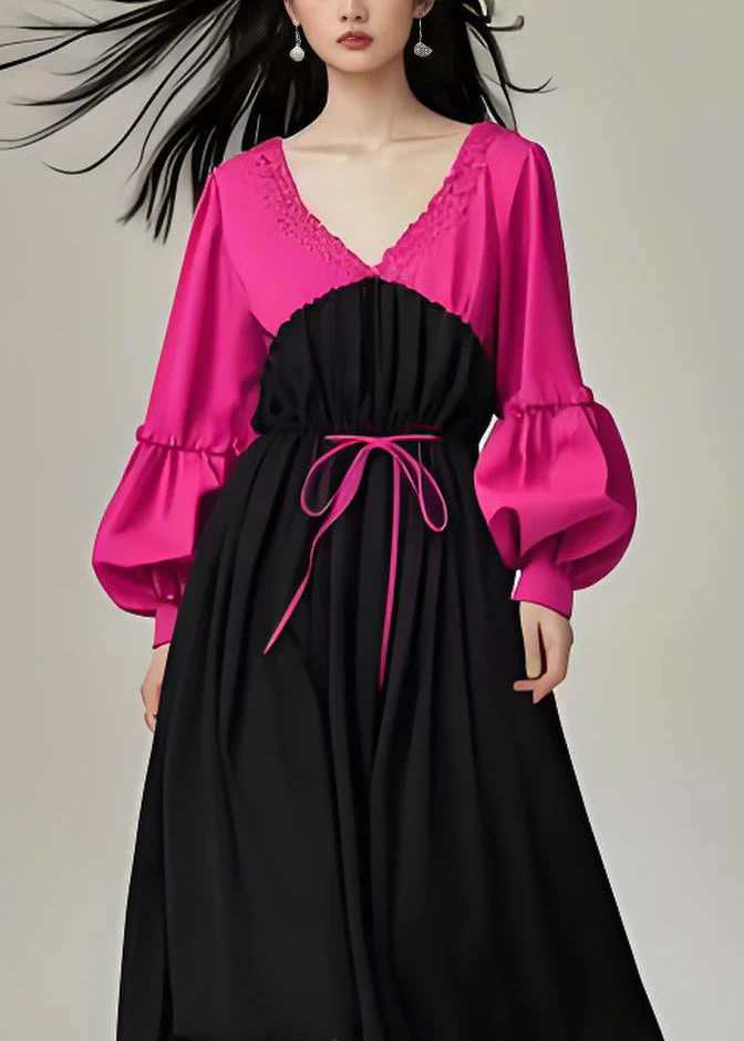 Elegant Colorblock V Neck Patchwork Cotton Dress Lantern Sleeve - Image 3