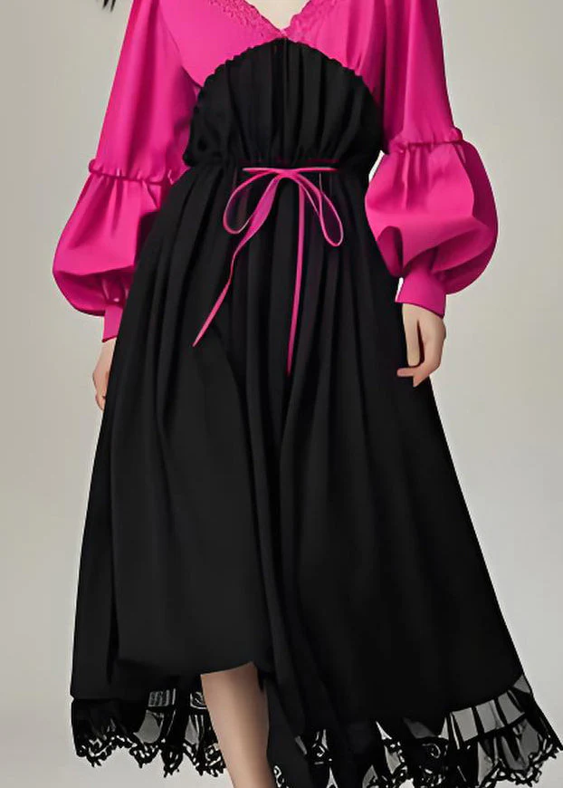 Elegant Colorblock V Neck Patchwork Cotton Dress Lantern Sleeve - Image 4